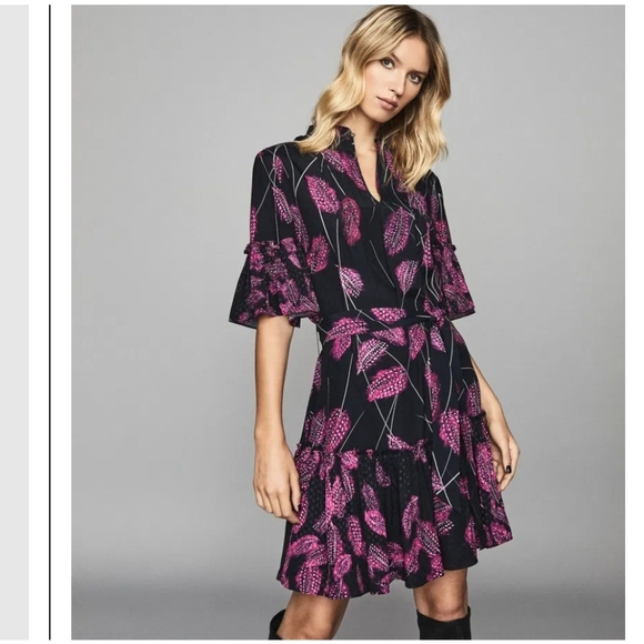 Reiss Dresses & Skirts - Reiss Black Dress with Pink Leaf Print Midi